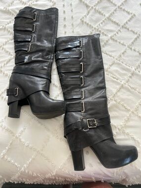 Jessica Simpson Black Buckle Strap Knee-High Heeled Boots
